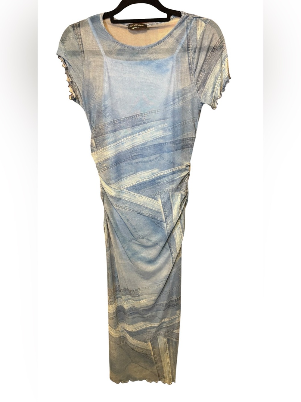 Caution to the Wind Trompe L’oeil Denim Print Mesh Maxi Dress Small Y2K